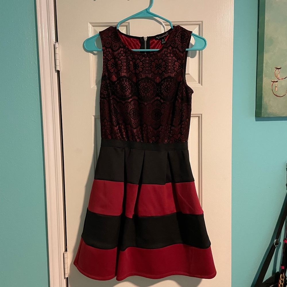 Red and black dress with lace top.